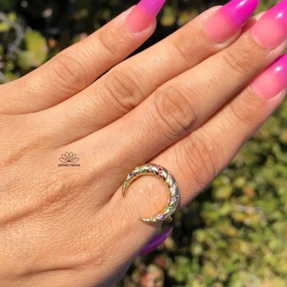Moon Ring | Colorful | Brass and Cubic Zirconia | Size 6 Adjustable - Picture 2 of 4